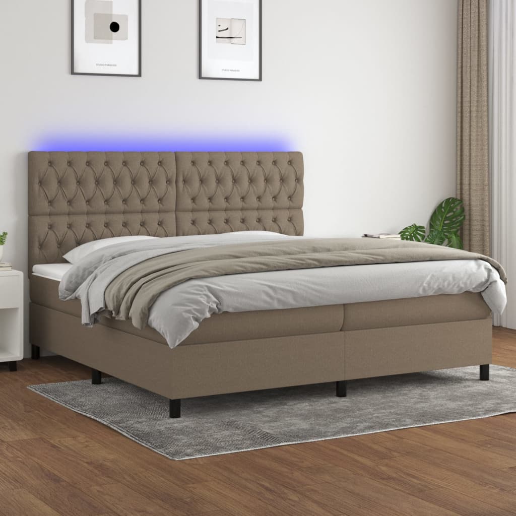 Box spring postelja z vzmetnico LED taupe 200×200 cm blago