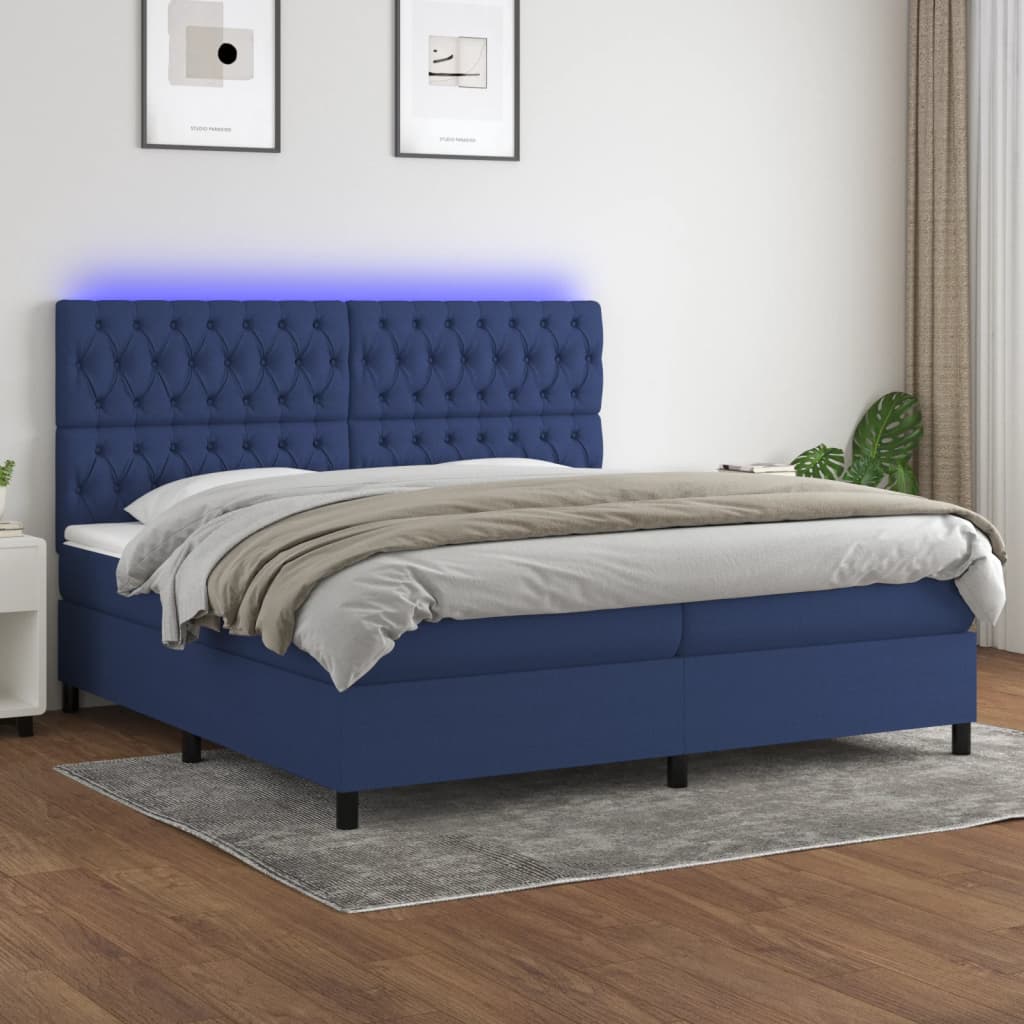 Box spring postelja z vzmetnico LED modra 200×200 cm blago