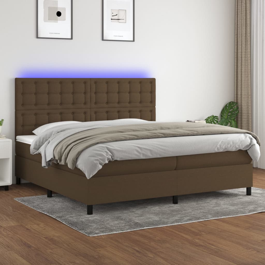 Box spring postelja z vzmetnico LED temno rjava 200x200cm blago