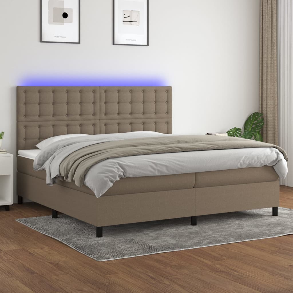 Box spring postelja z vzmetnico LED taupe 200×200 cm blago