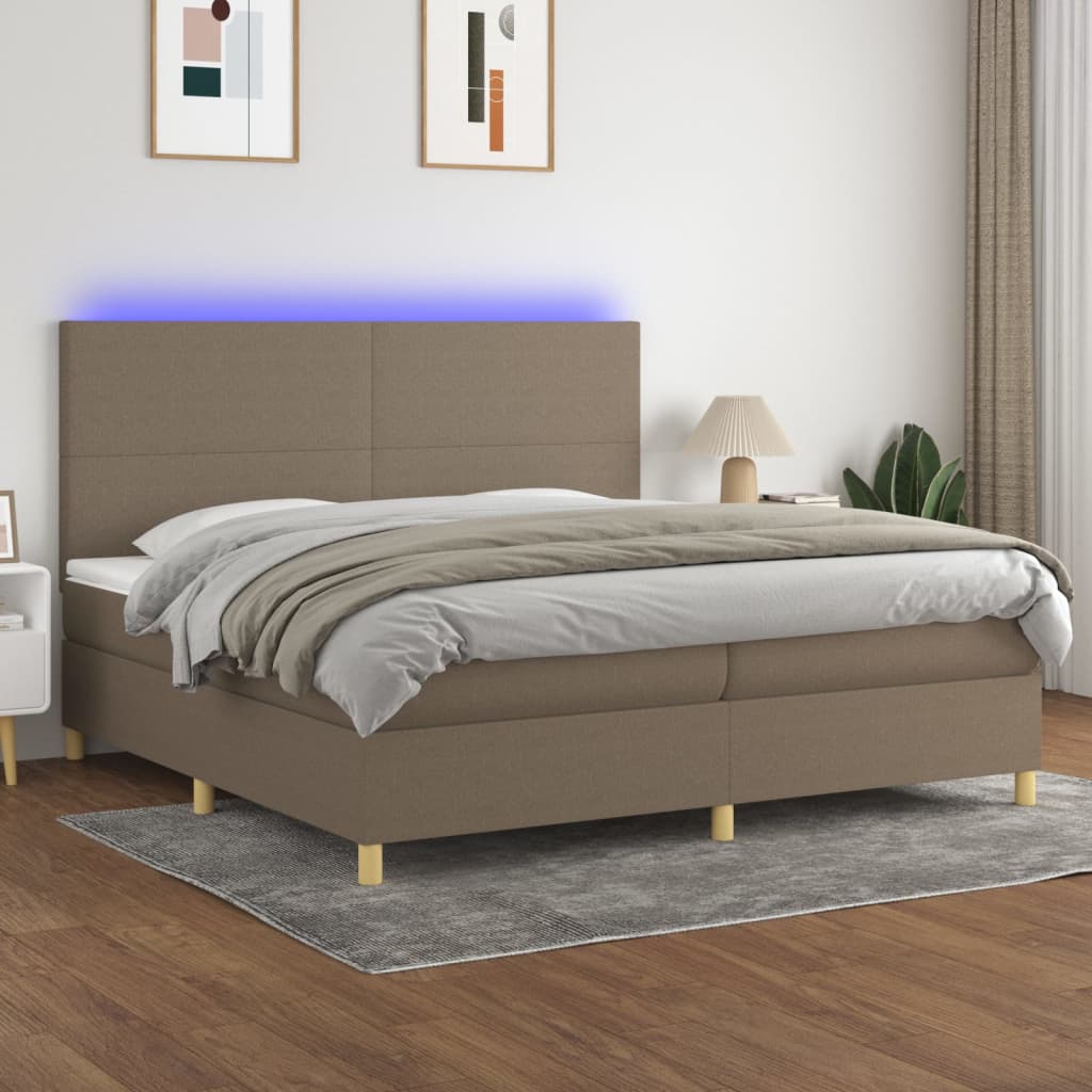 Box spring postelja z vzmetnico LED taupe 200×200 cm blago