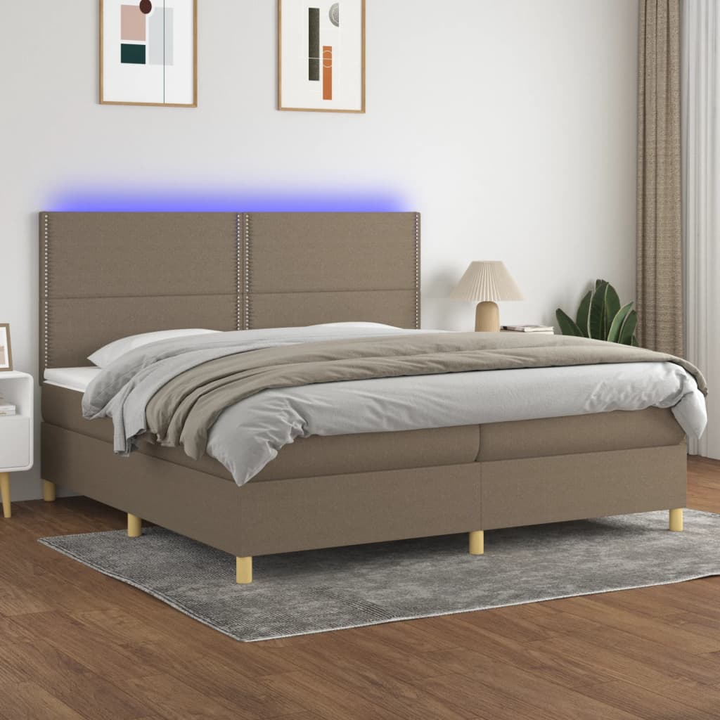 Box spring postelja z vzmetnico LED taupe 200×200 cm blago