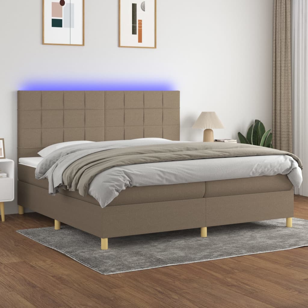 Box spring postelja z vzmetnico LED taupe 200×200 cm blago