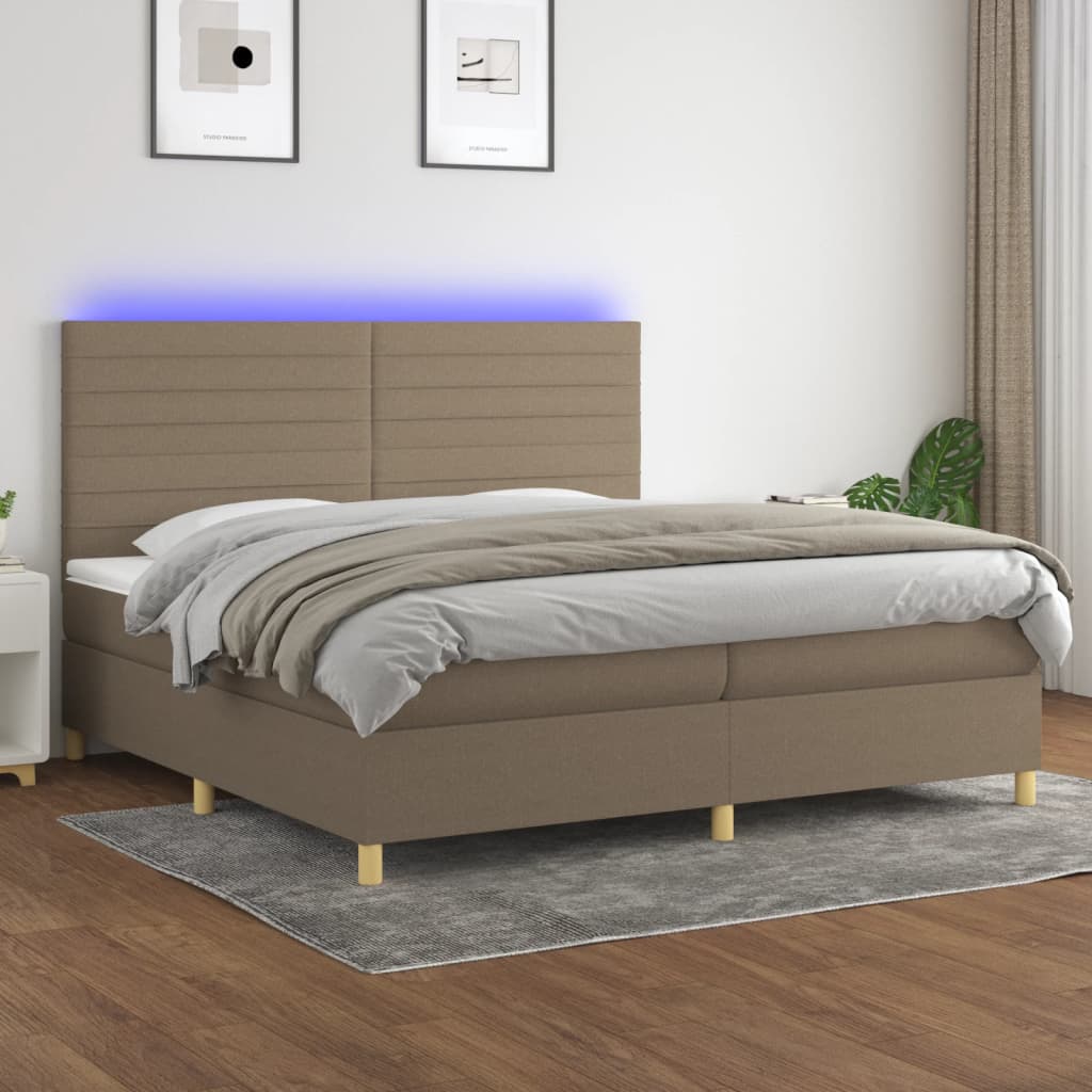 Box spring postelja z vzmetnico LED taupe 200×200 cm blago