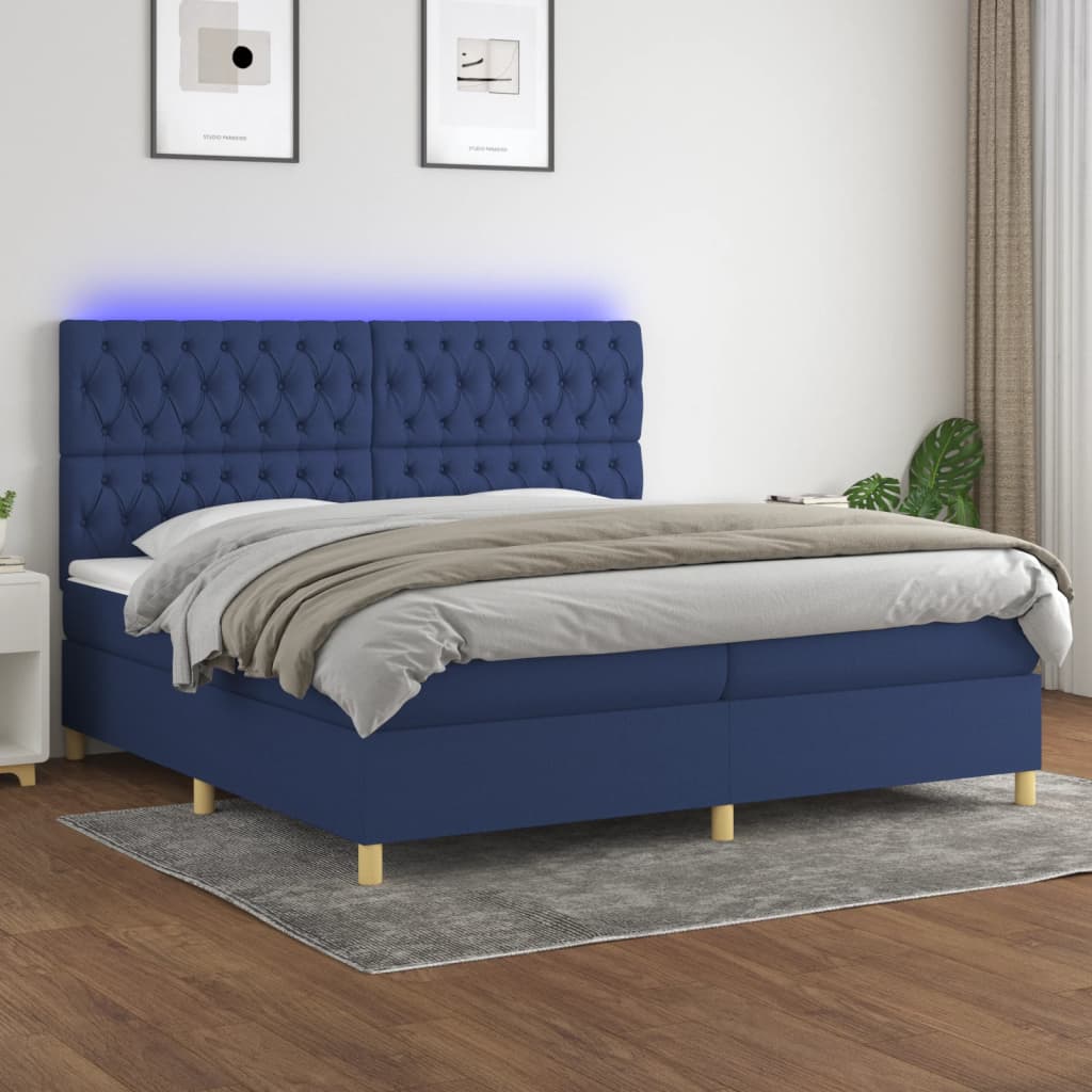 Box spring postelja z vzmetnico LED modra 200×200 cm blago