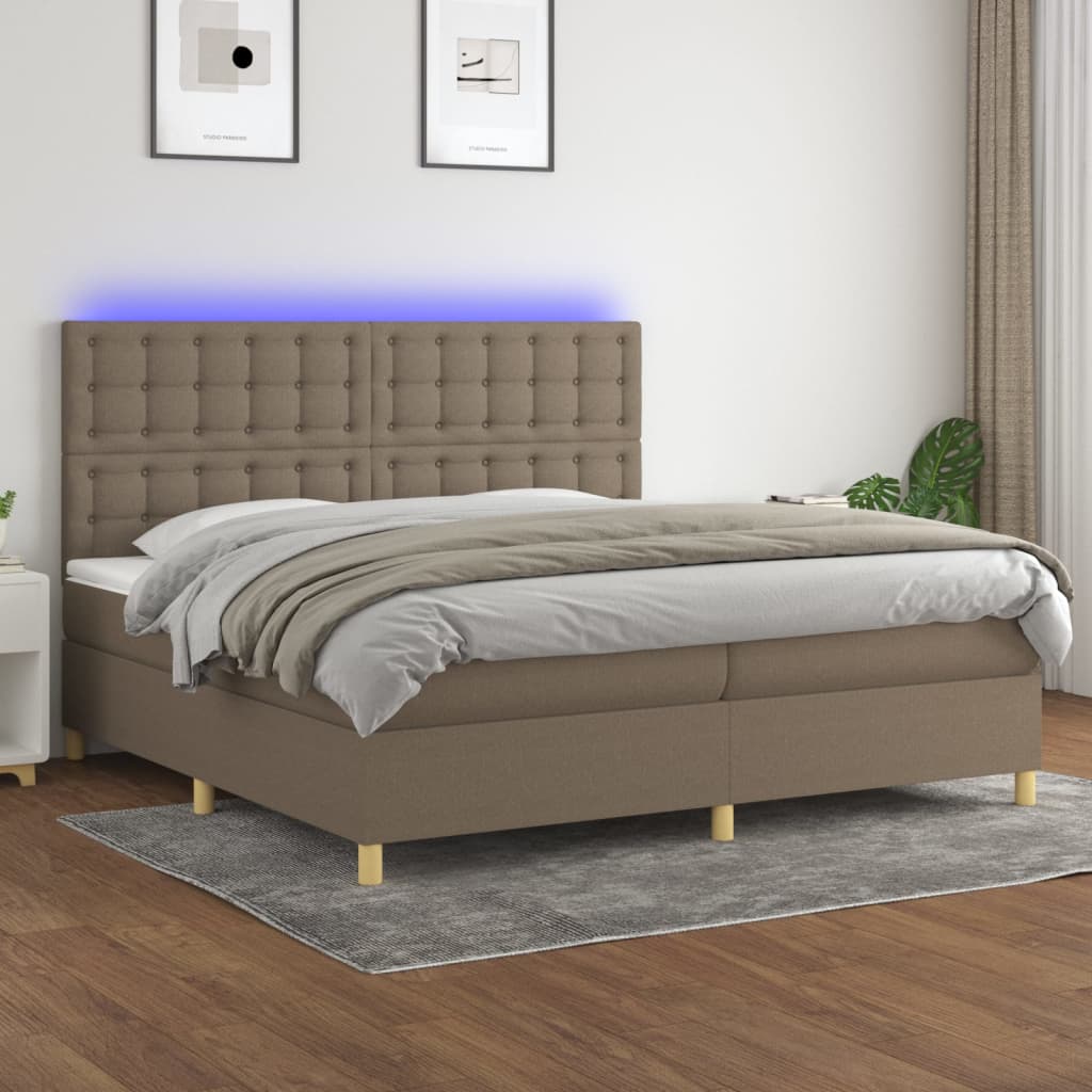 Box spring postelja z vzmetnico LED taupe 200×200 cm blago