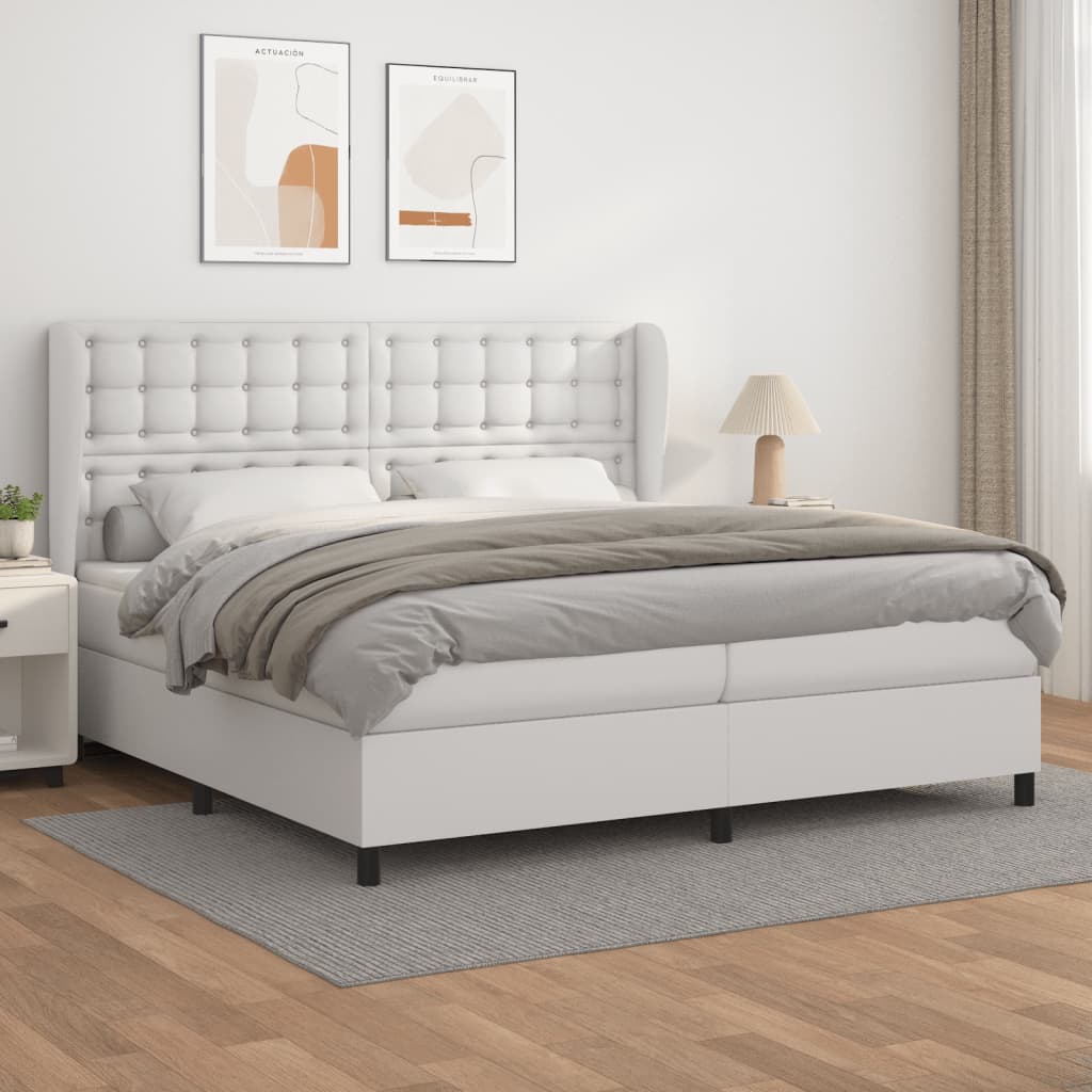 Box spring postelja z vzmetnico bela 200×200 cm umetno usnje