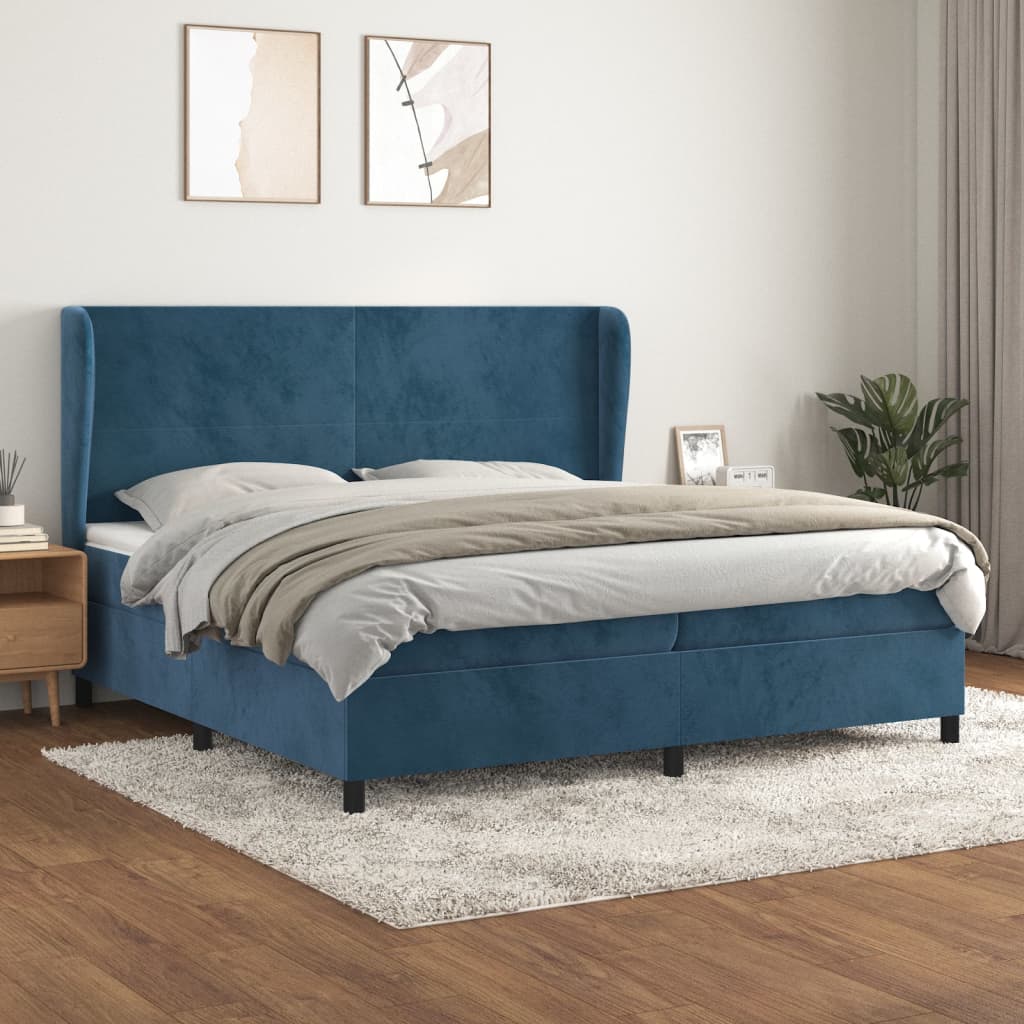 Box spring postelja z vzmetnico temno modra 200×200 cm žamet