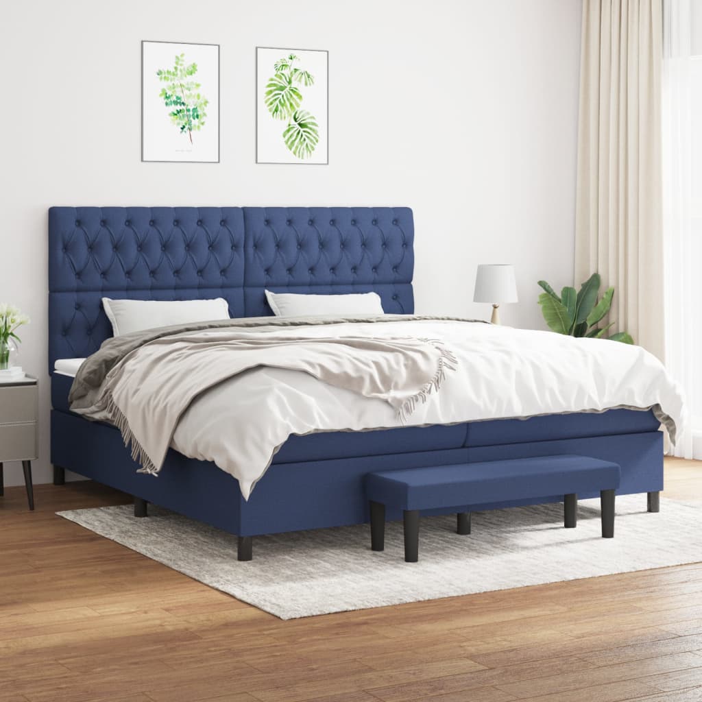 Box spring postelja z vzmetnico moder 200×200 cm blago