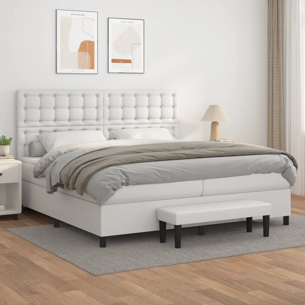 Box spring postelja z vzmetnico bela 200×200 cm umetno usnje