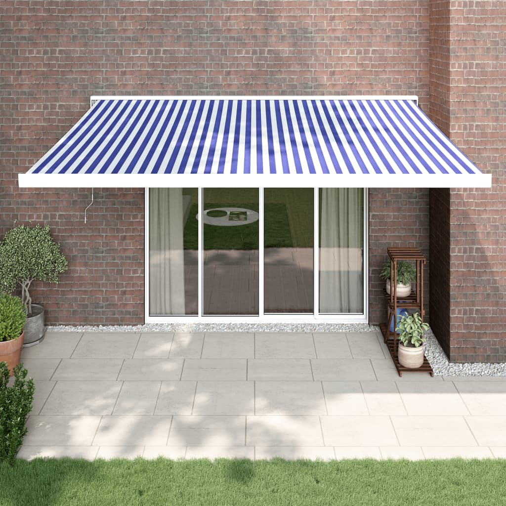 Zložljiva tenda modra in bela 4×3 m blago in aluminij
