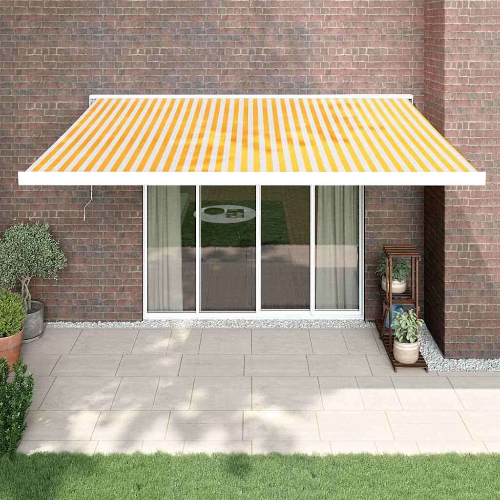 Zložljiva tenda rumena in bela 4×3 m blago in aluminij
