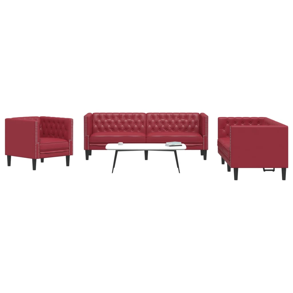 Komplet Chesterfield kavčev 3-delna rdeče umetno usnje