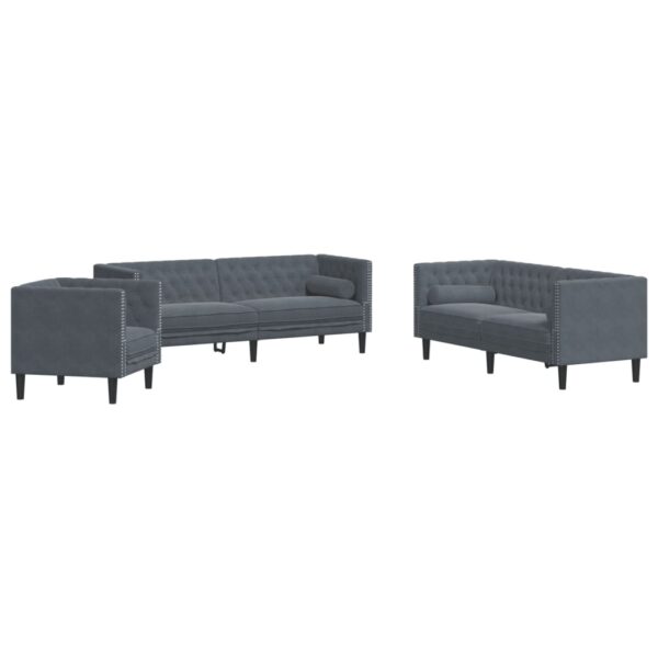 Komplet Chesterfield kavčev z vzglavniki 3-delna siv žamet - Image 2