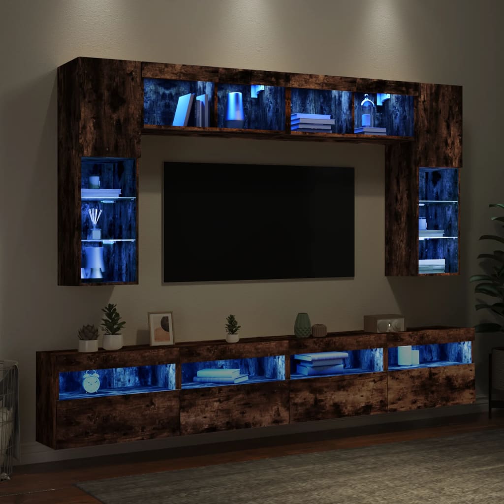 Stenske TV omarice z LED lučkami 8 kosov dimljeni hrast