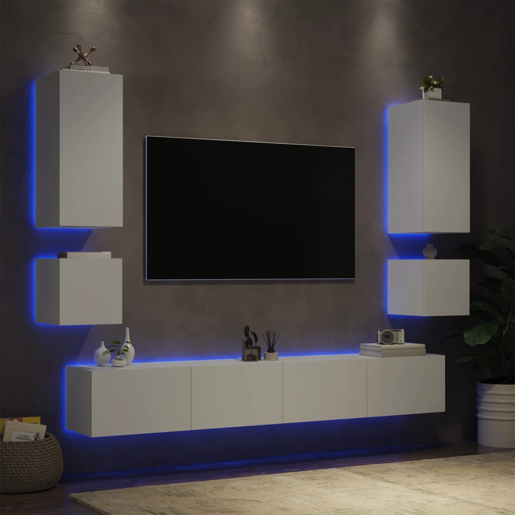 Stenske TV omarice z LED lučkami 6 kosov bele