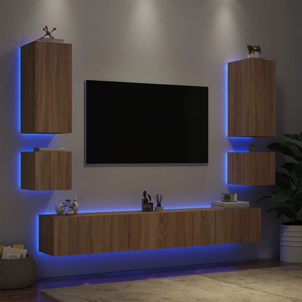 Stenske TV omarice z LED lučkami 6 kosov sonoma hrast