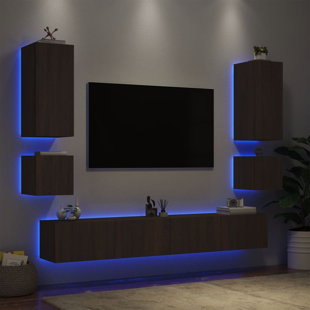 Stenske TV omarice z LED lučkami 6 kosov rjavi hrast