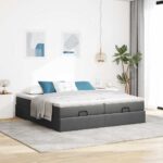 Otomanski posteljni okvir z vzmetnicami siv 160x200 cm blago - Image 3