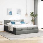 Otomanski posteljni okvir z vzmetnicami siv 160x200 cm blago - Image 3