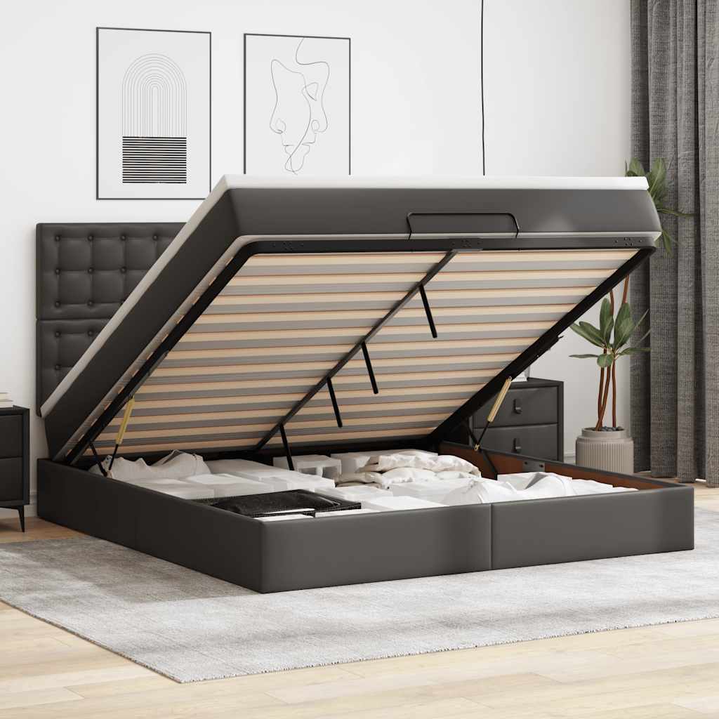 Otomanski posteljni okvir z vzmetnico črn 180×200 cm um. usnje