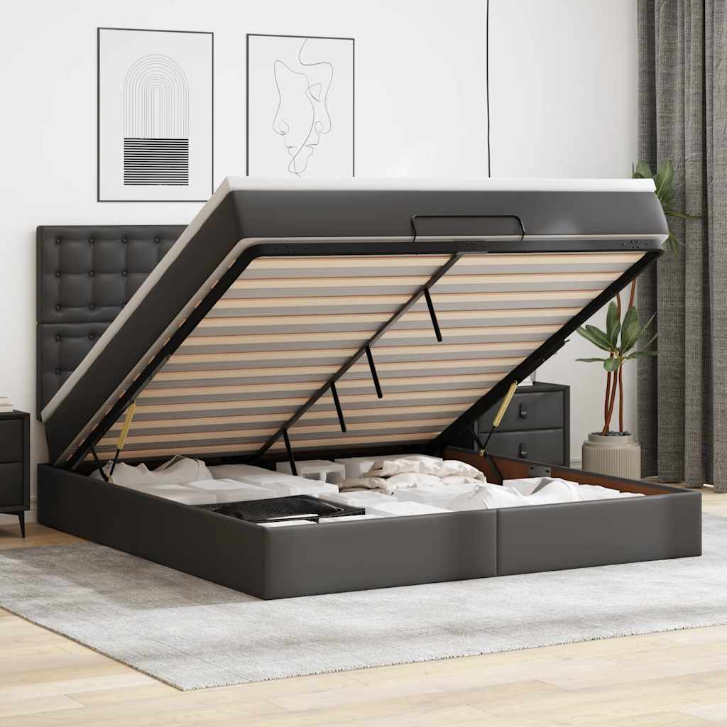 Otomanski posteljni okvir z vzmetnico črn 180×200 cm um. usnje