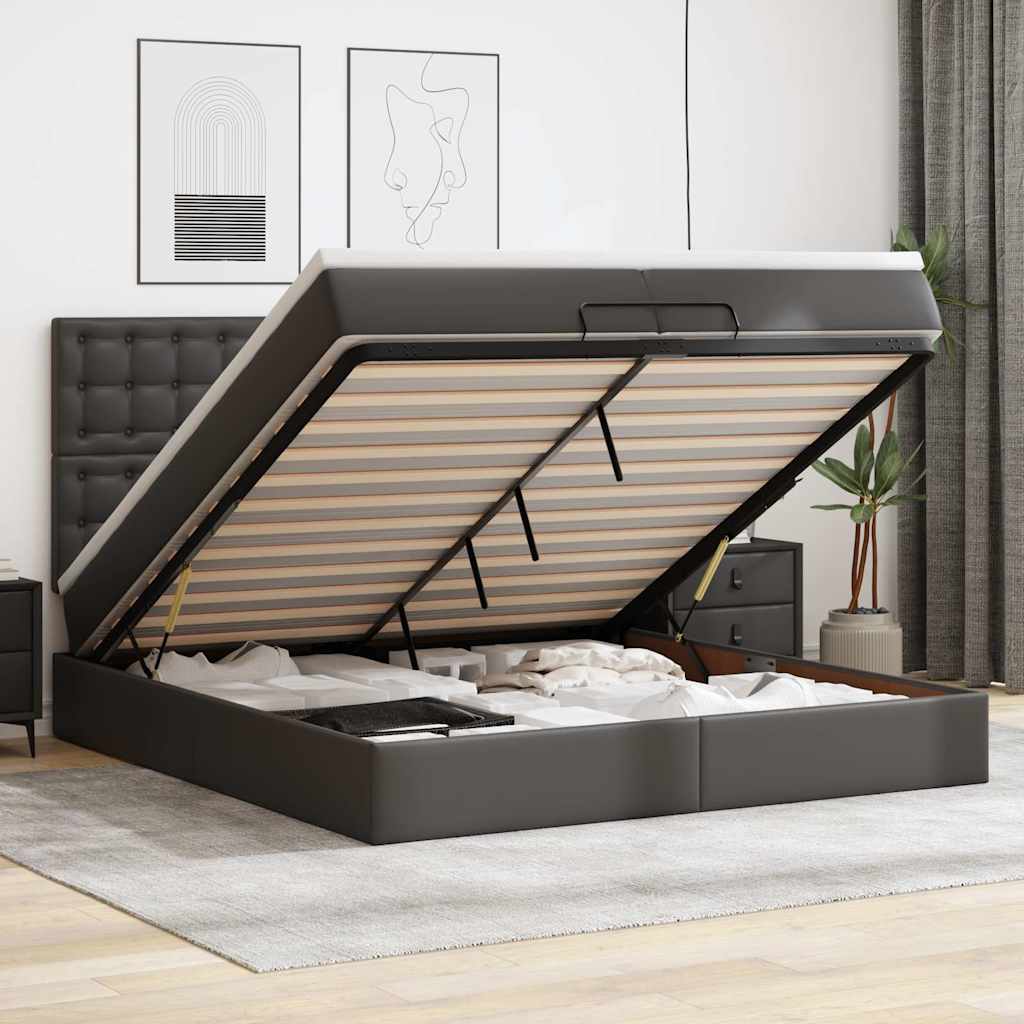 Otomanski posteljni okvir z vzmetnicami črn 200x200cm um. usnje
