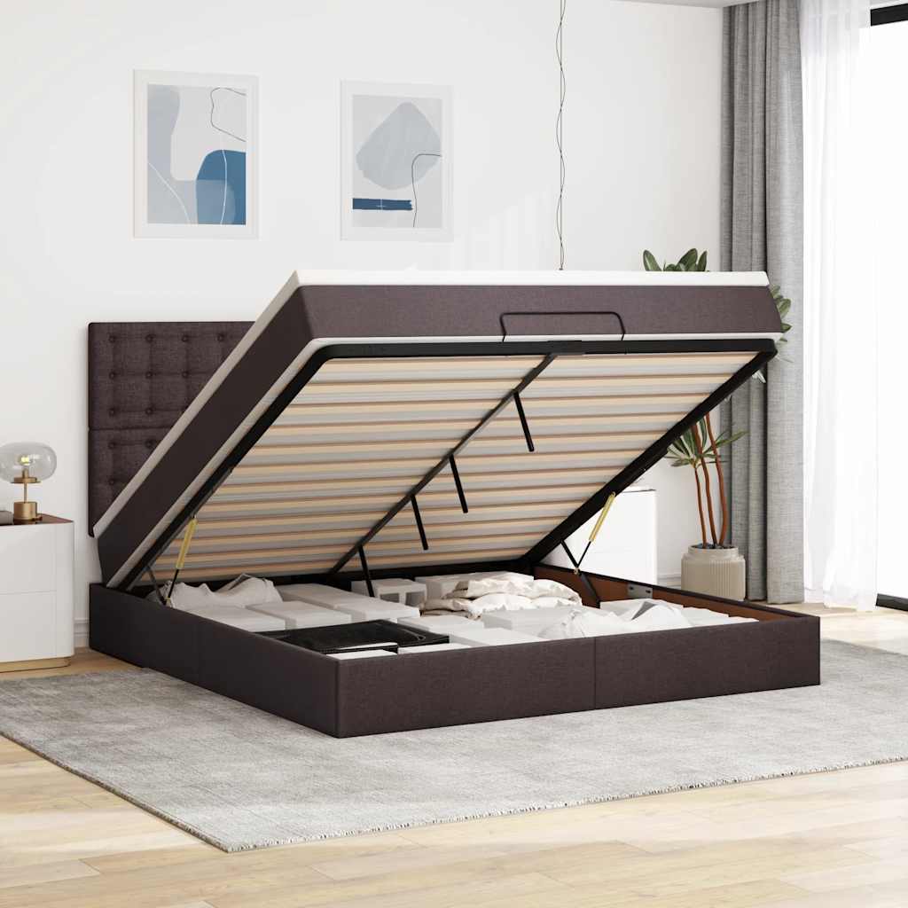 Otomanska postelja z vzmetnico&LEDs temno rjava 180x200cm blago