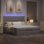 Otomanska postelja z vzmetnico & LEDs taupe 180x200 cm blago - Image 3