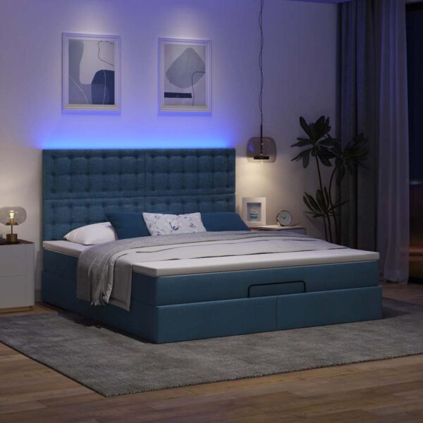 Otomanska postelja z vzmetnico & LEDs modra 180x200 cm blago - Image 3