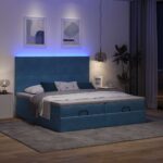 Otomanski posteljni okvir z vzmetnicami moder 160x200 cm žamet - Image 3