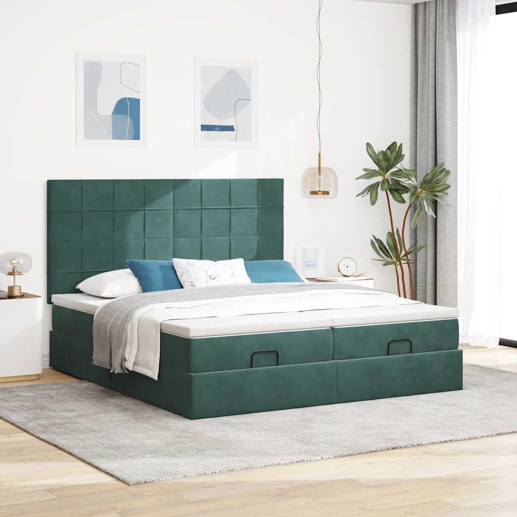 Otomanski posteljni okvir z vzmetnicami zelen 180x200cm žamet