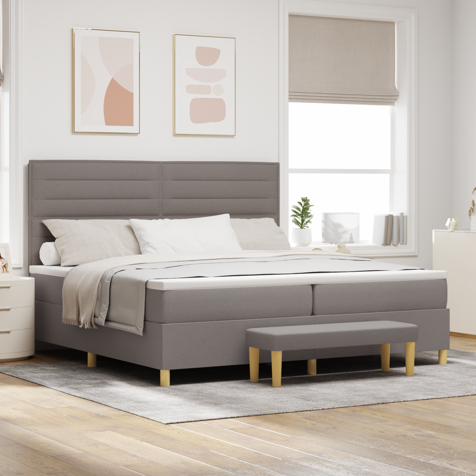 Box Spring Postelja z Blazino in Klubsko Mizo Taupe 200×200 cm Tkanina