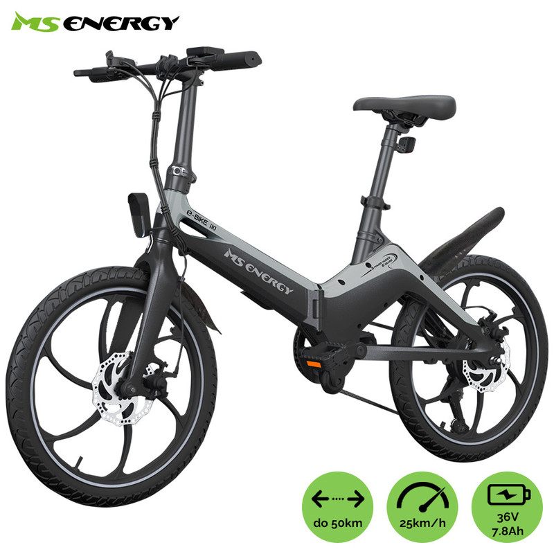 MS ENERGY I10 električno kolo, zložljivo, 20″ pnevmatike, 250W motor, 36V 7.8Ah 280Wh baterija, Shimano, do 50 km, disk zavore, LCD zaslon, LED osvetlitev, črno sivo