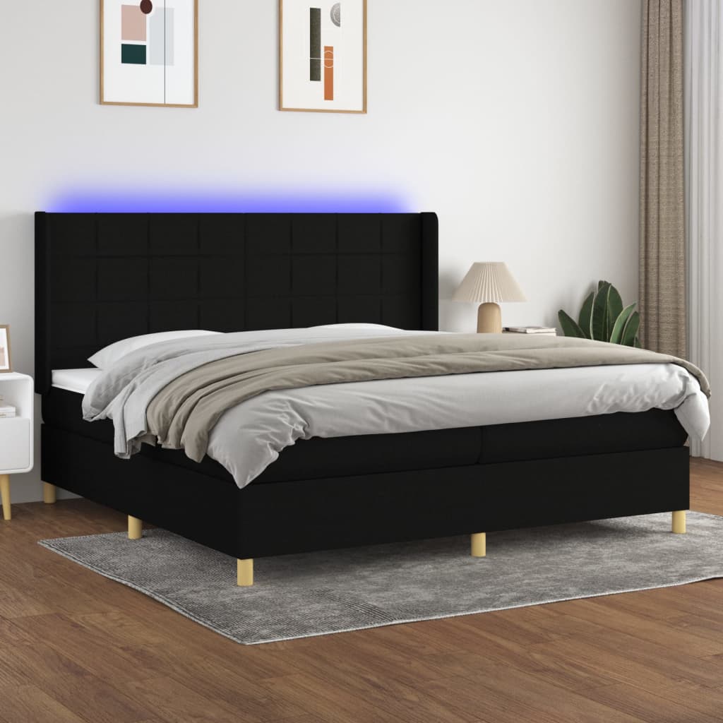 Box spring postelja z vzmetnico LED črna 200×200 cm blago