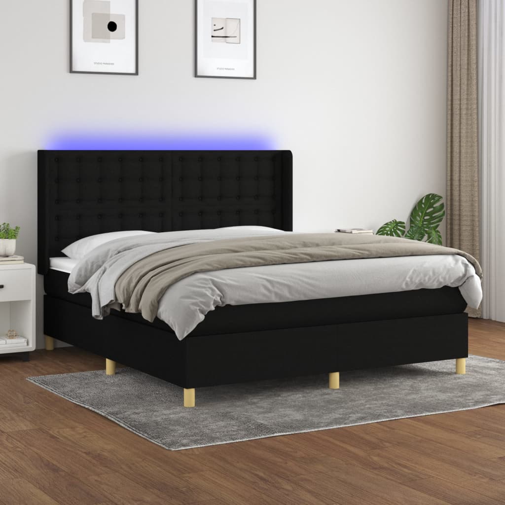 Box spring postelja z vzmetnico LED črna 180×200 cm blago