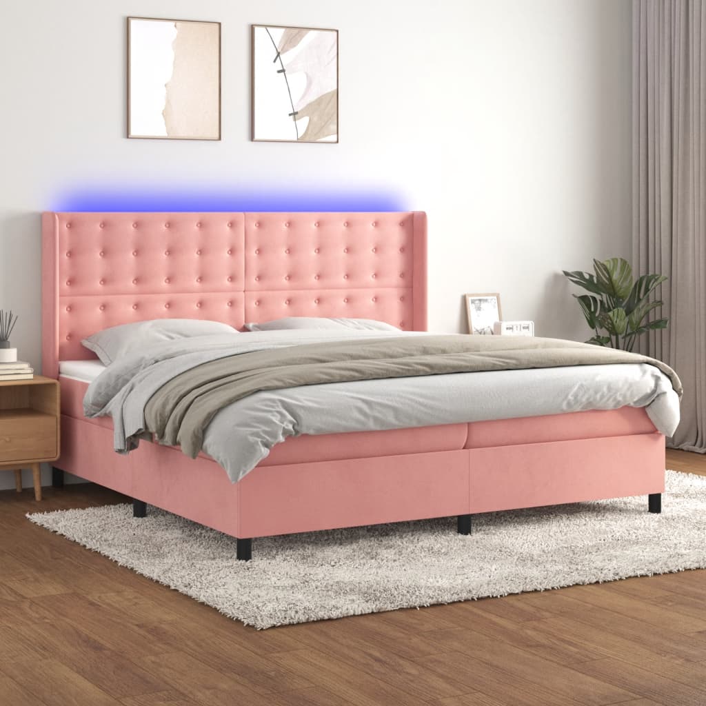 Box spring postelja z vzmetnico LED roza 200×200 cm žamet