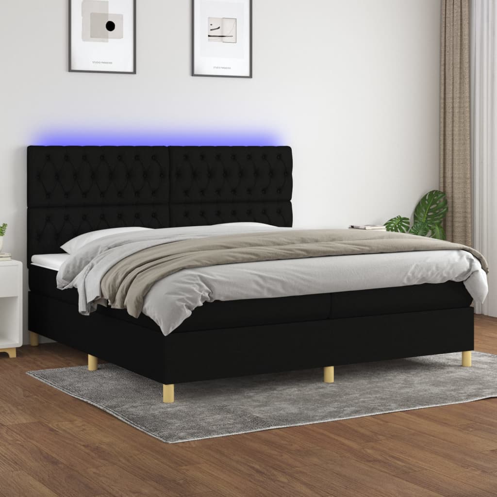 Box spring postelja z vzmetnico LED črna 200×200 cm blago