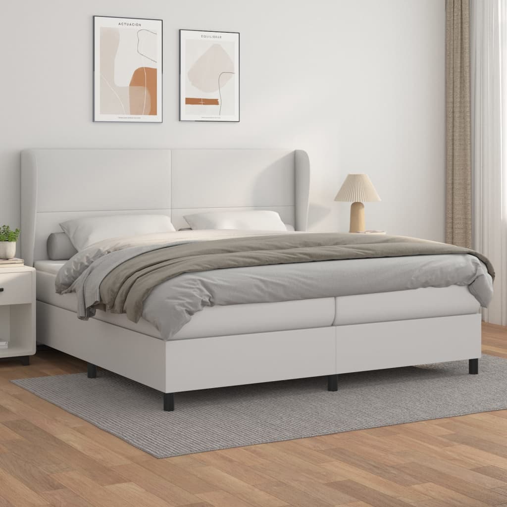 Box spring postelja z vzmetnico bela 200×200 cm umetno usnje