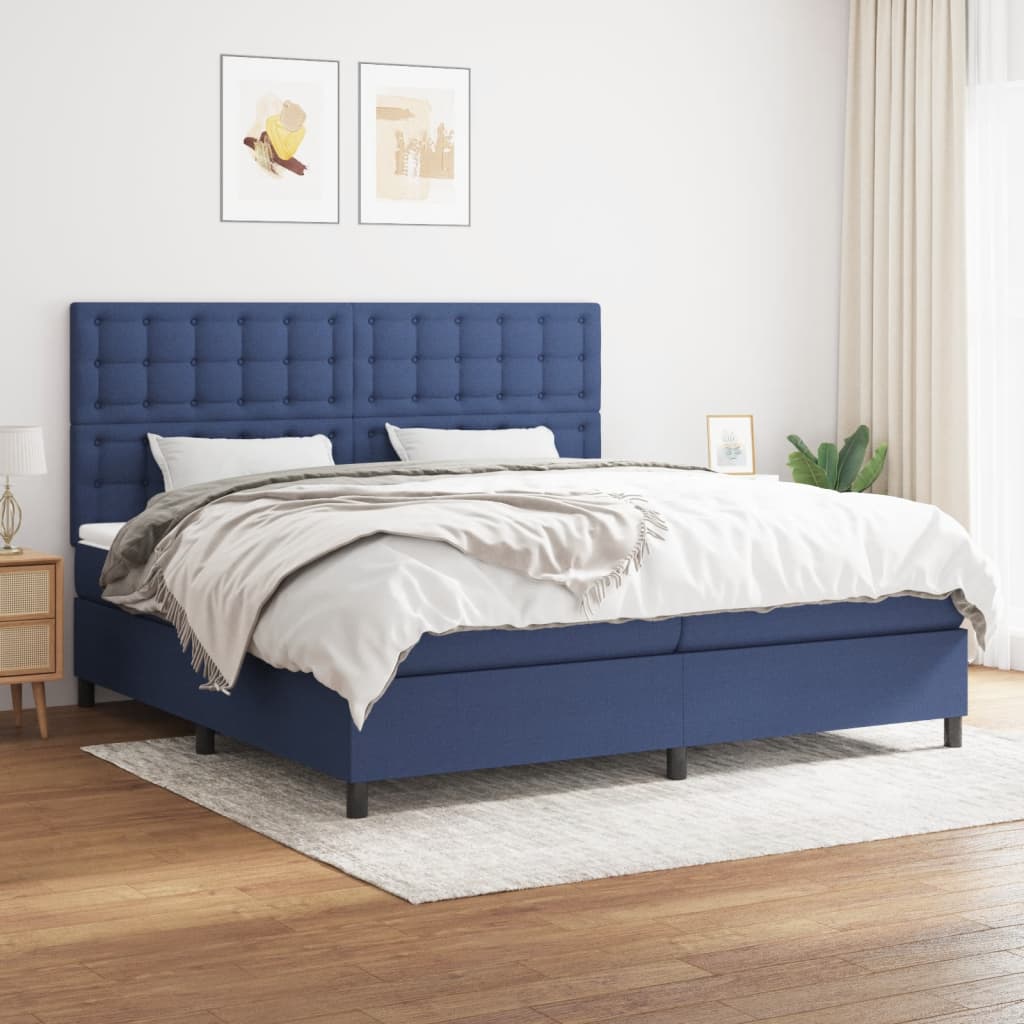Box spring postelja z vzmetnico moder 200×200 cm blago