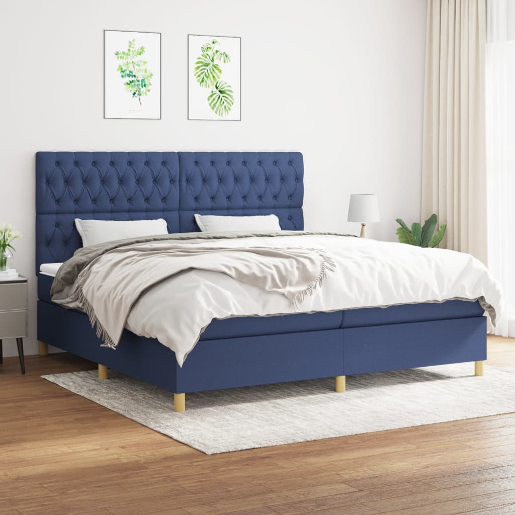 Box spring postelja z vzmetnico moder 200×200 cm blago