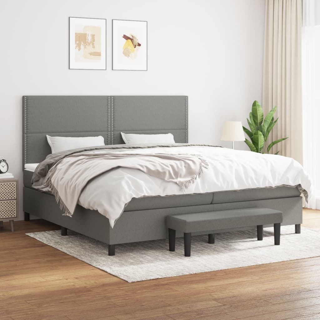Box spring postelja z vzmetnico temno siva 200×200 cm blago
