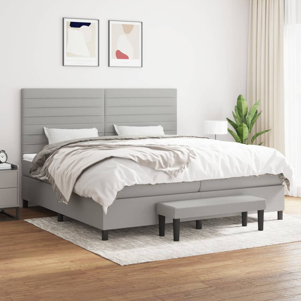 Box spring postelja z vzmetnico svetlo siva 200×200 cm blago