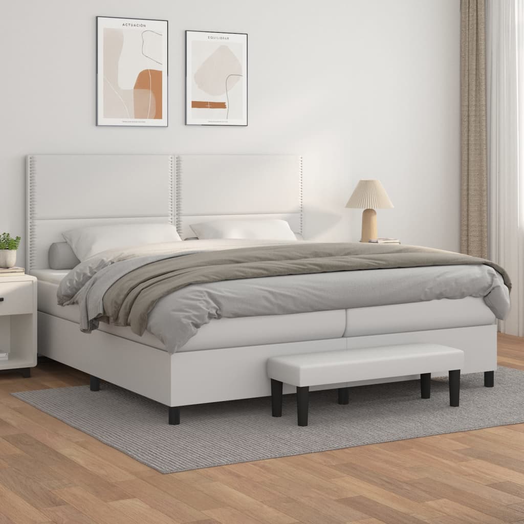 Box spring postelja z vzmetnico bela 200×200 cm umetno usnje