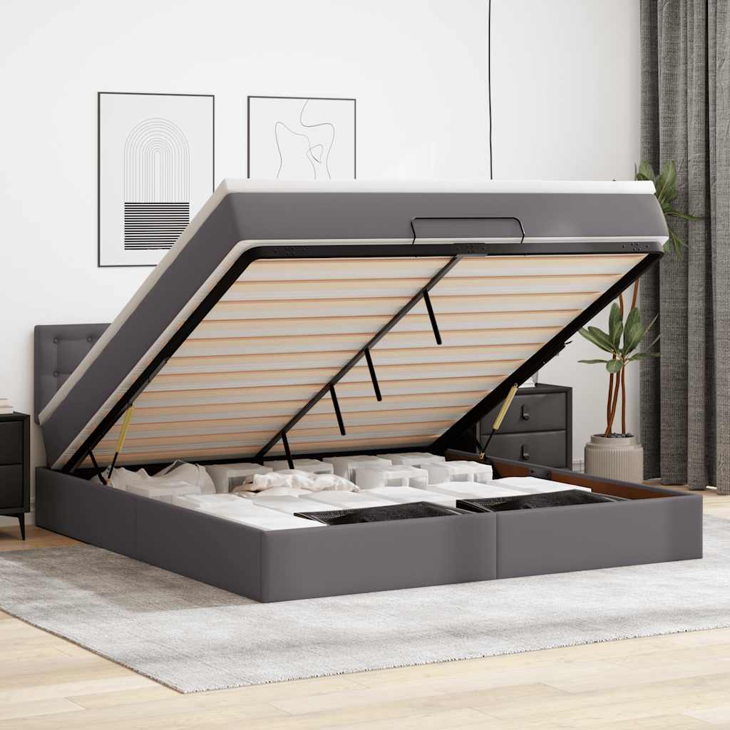 Otomanska postelja z vzmetnicami & LEDs siv 180x200cm um. usnje