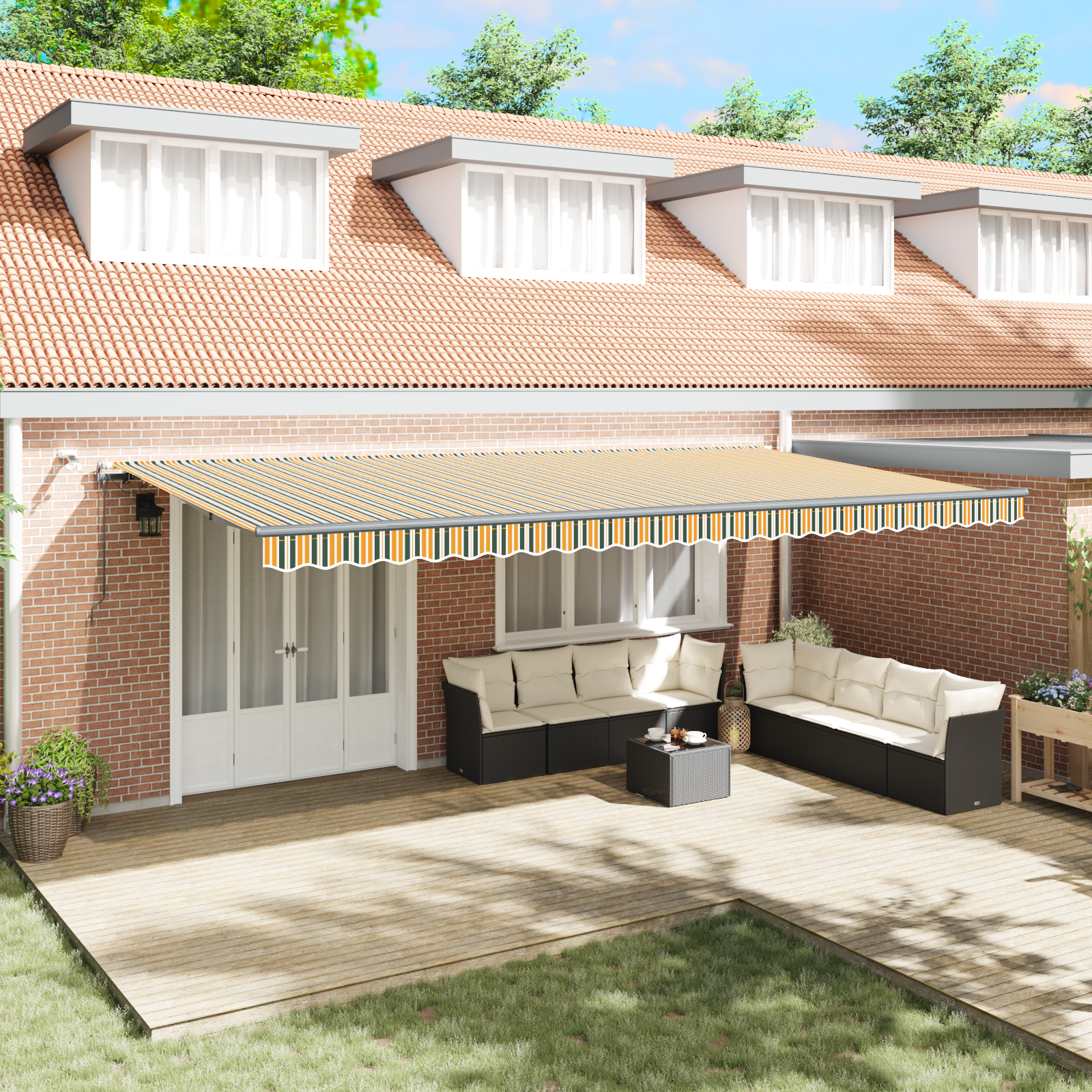 Avtomatska retraktibilna tenda z LED zeleno in rumeno 600×350 cm