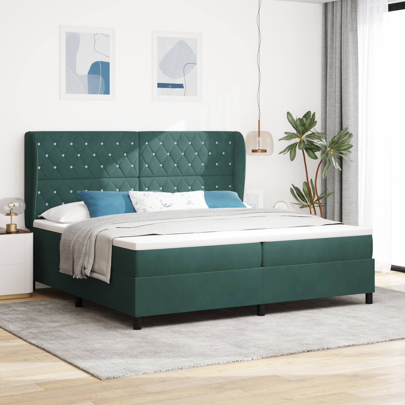 Box Spring postelja z vzmetnico temno zelena 200×200 cm žamet