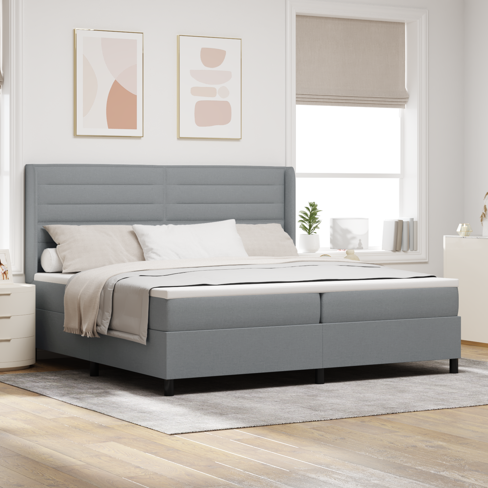 Box Spring postelja z vzmetnico in LED lučko svetlo siva 200×200 cm tkanina