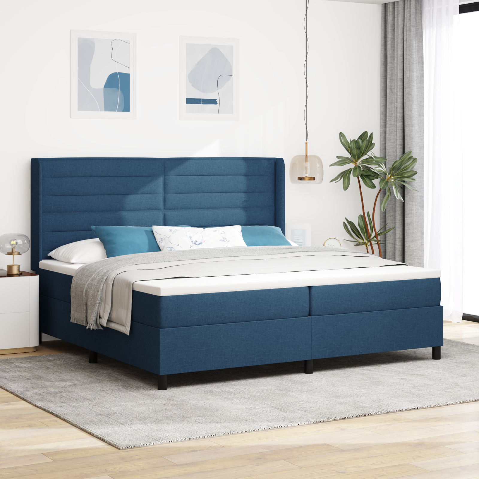Box Spring postelja z vzmetnico in LED modra 200×200 cm tkanina