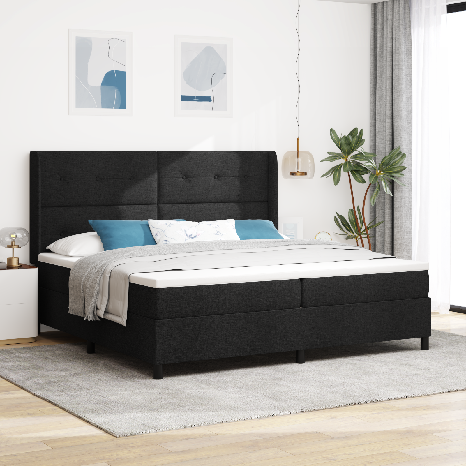 Box Spring postelja z vzmetnico in LED Črna 200×200 cm Tkanina